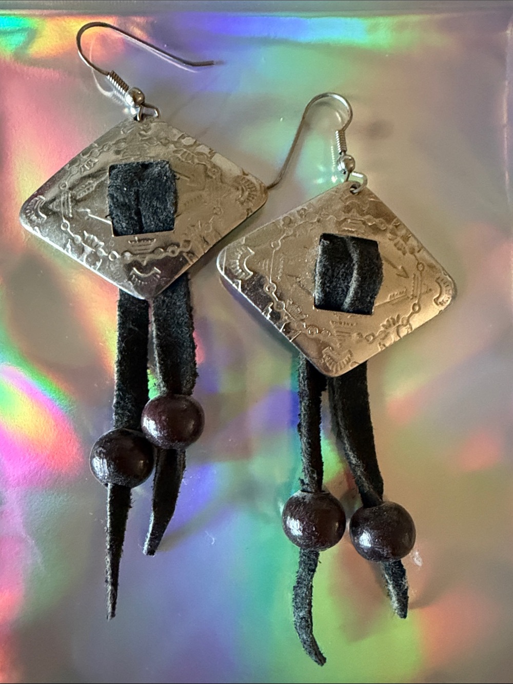 Western Sterling-Inspired Silver and Black Boho Leather Dangle Earrings